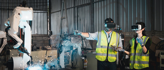 Industrial engineers are controlling the automated robot arms machine welding steel welding robots in industrial manufacturing factory.