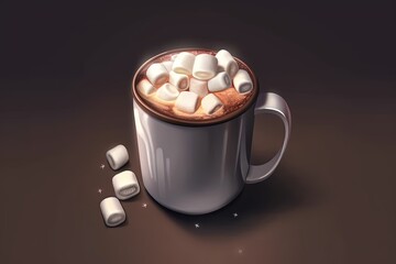 Hot chocolate with marshmallows in a white mug on table illustration.
