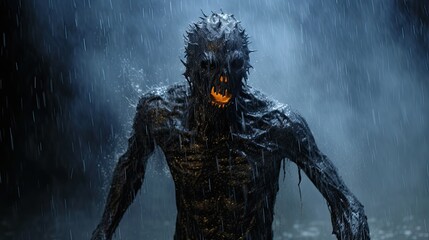 A scary monster in a dark forest. A frightening image of a creepy creature.