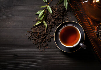 Fresh hot black tea in a cup on a dark rustic background, top view, copy space