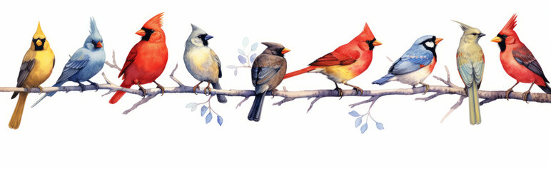 Obraz premium Bird set watercolor illustration. Red cardinal, eastern bluebird, goldfinch, robin, wren