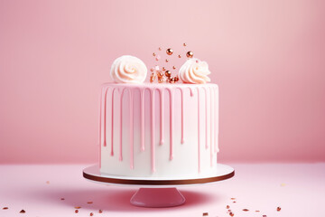 Delicious cake with frosting over pink pastel background