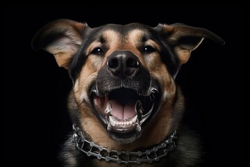 Happy dog portrait with chain collar. Animal photography, domestic funny animal.