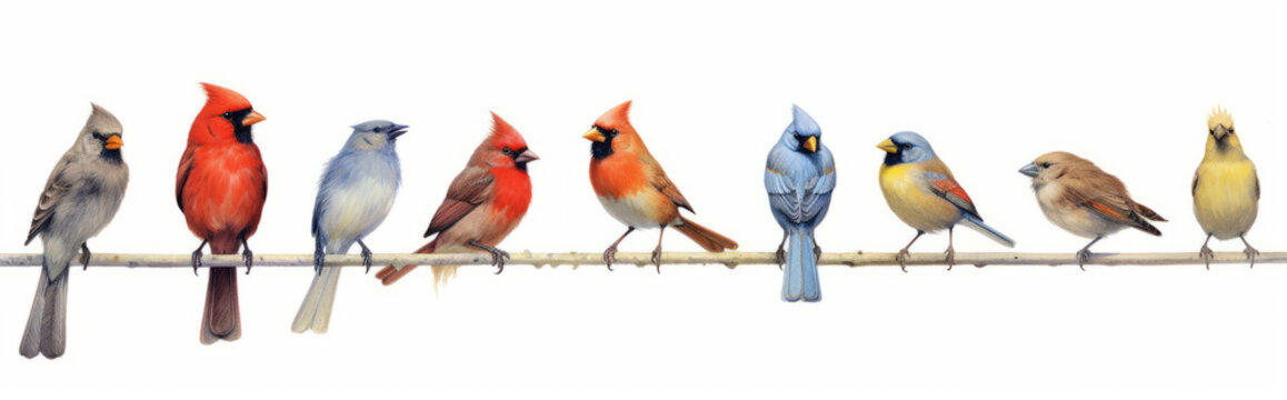 Bird set watercolor illustration. Red cardinal, eastern bluebird, goldfinch, robin, wren