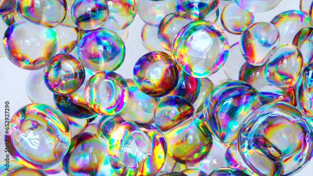 Poster 3d render animation with liquid rainbow transparent bubbles explosion and flying on light background