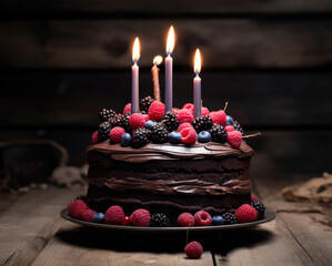 Delicious chocolate cake with candles and berry fruit