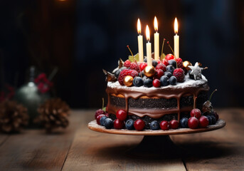 Delicious chocolate cake with candles and berry fruit