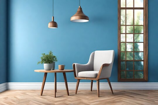 Home decor concept,armchair with wood table on Blue paint color wall and Hardwood Flooring at the home,interior design.vvv