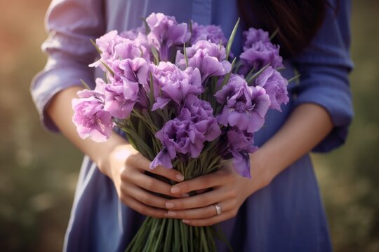 Generative AI International Women's Day. A young woman in a blue dress holds a lush bouquet of purple irises standing in a field. Close-up view. Happy Mother's Day.