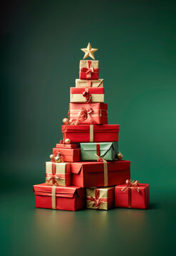 Christmas presents stacked in a shape of a Christmas tree. Creative Xmas background. AI generated image