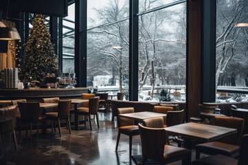 Interior of a Holiday Decorated Modern Café or Bar Nestled in Nature
