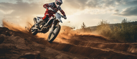 Motocross racer performing on a dirt track.