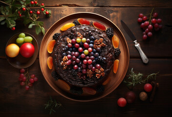 Homemade fruit cake on the rustic background, top view