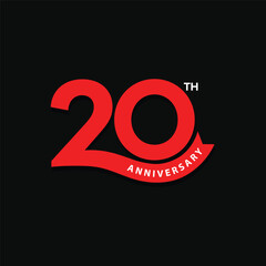 Red color 20th  anniversary logo design on black background. 20 years anniversary icon, stamp, label with ribbon. Birthday celebration greeting card sign and symbol of number 20.  © Ashek Vector