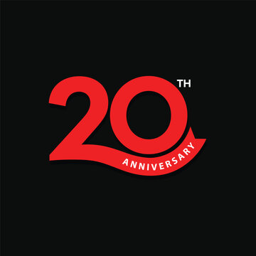Red color 20th  anniversary logo design on black background. 20 years anniversary icon, stamp, label with ribbon. Birthday celebration greeting card sign and symbol of number 20.
