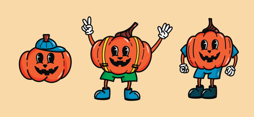 Vector groovy retro Halloween set with funny cartoon pumpkins in the retro style.