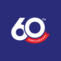 60th anniversary banner design with modern letter logo o number 60 and red ribbon on blue background. Company 60 years celebration badge design. Birthday wishing template, poster, greeting card.