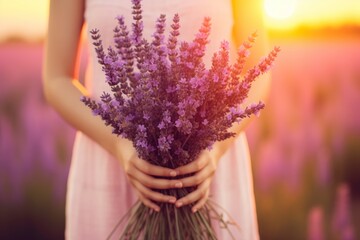 Generative AI International Women's Day. Young woman in a dress holds a lush bouquet of lavender...