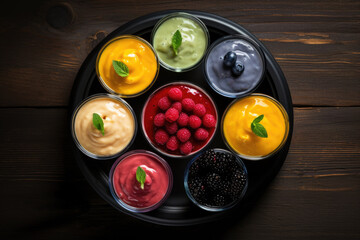Fruit puddings with fresh fruits in glasses on a dark wooden background, top view