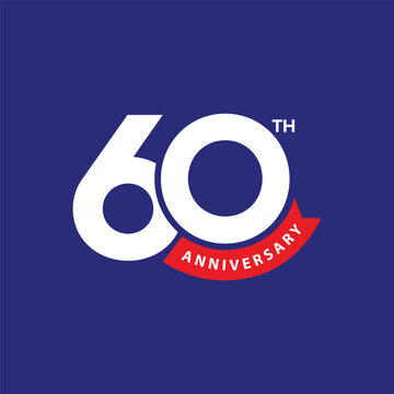 60th anniversary banner design with modern letter logo o number 60 and red ribbon on blue background. Company 60 years celebration badge design. Birthday wishing template, poster, greeting card.