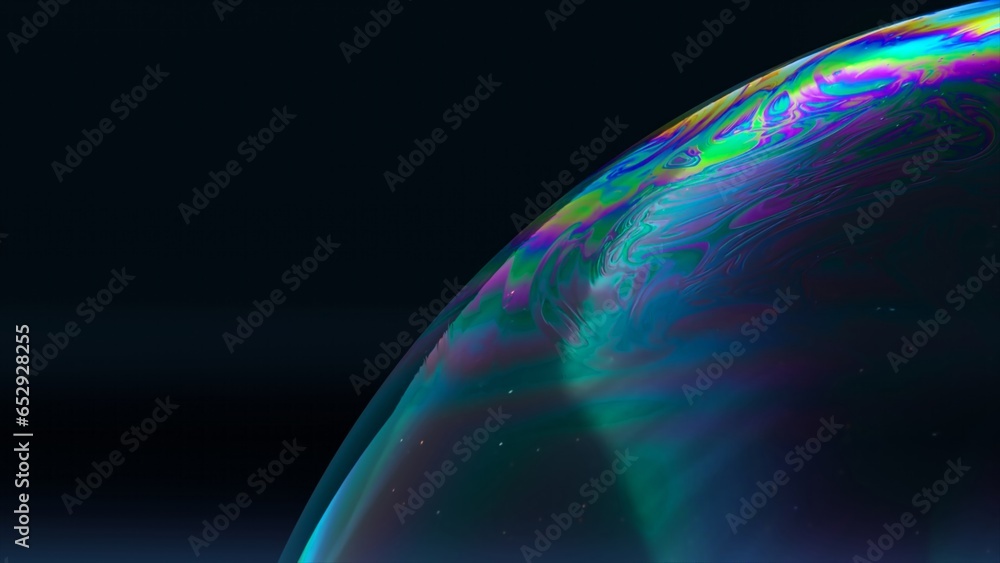 Poster abstract concept. a large transparent bubble shimmers with rainbow colors on a dark background. 3d i