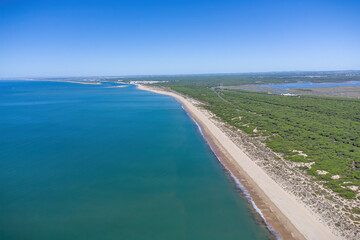 Aerial Panoramic view of Punta Umbria beach looking to El Portil and El Rompido Beaches in Huelva province, Andalusia, Spain - obrazy, fototapety, plakaty