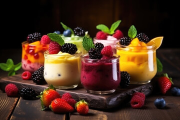 Fruit puddings with fresh fruits in glasses on a dark wooden background