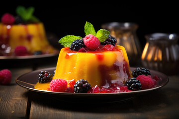 Fruit pudding, jelly dessert on plate with fresh fruit. Dark background. Close up.