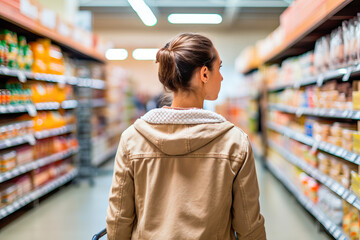 Woman shopping in the middle of a supermarket aisle