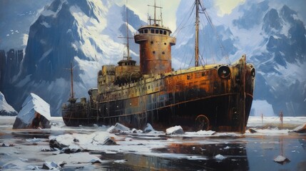 ship on the river - obrazy, fototapety, plakaty
