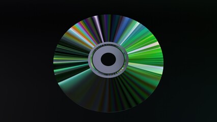 Abstract concept. CD DVD disc on a black isolated background. Neon blue purple color. Rainbow. 3d illustration