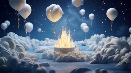 Craft an ethereal birthday scene with balloons resembling clouds, a celestial cake, and candles that evoke a starry night.