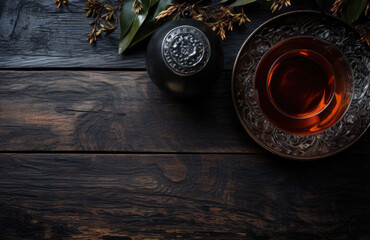 Fresh hot black tea in a cup on a dark rustic background, top view, copy space