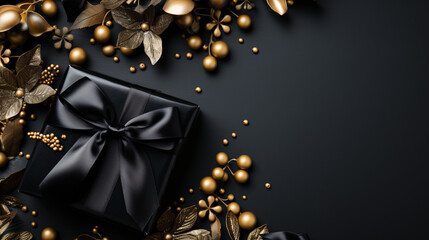 Black Friday Super Savings: Realistic black gift boxes with elegant gold bows on display shelves and a podium, set against a dark background.. - obrazy, fototapety, plakaty