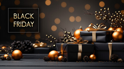 Black Friday Extravaganza: Podium adorned with lifelike black gift boxes tied with golden bows against a dark backdrop..