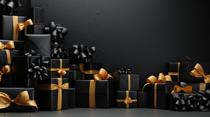 Black Friday Spectacular: Shelf and podium featuring lifelike black gift boxes, each adorned with a luxurious golden bow, against a backdrop of darkness..