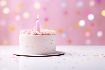 Birthday cake with one candle over pink pastel background - obrazy, fototapety, plakaty