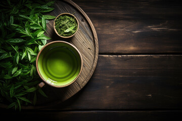 Fresh green tea with tea leaves on a dark wooden background, top view, copy space