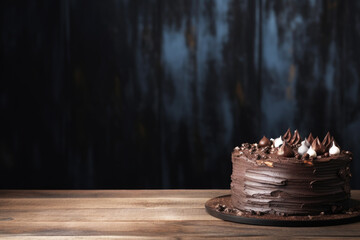 Delicious chocolate cake with icing on the wooden table, copy space