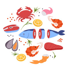 Naklejka premium seafood collection set vector drawing illustration flat of fish shrimp crab tuna culinary marine creature