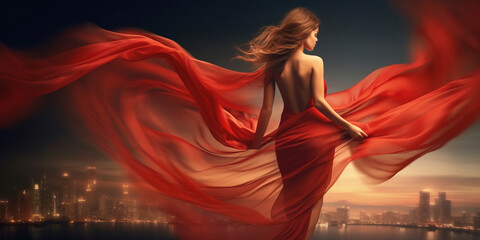 Fashion Woman in Red fluttering Dress Back Side Rear View.