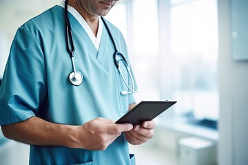 Doctor with stethoscope holding a tablet in his hand, healthcare and technology concept. Generative AI