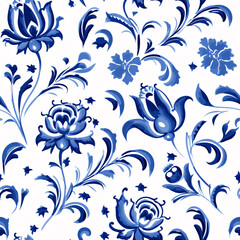 Get a touch of Dutch charm with this blue floral watercolor gouache pattern, designed for fabric printing and wallpaper.. - obrazy, fototapety, plakaty