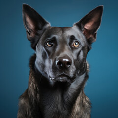 portrait studio d'une tête de chien de race berger belge en gros plan, arrière plan uni bleu