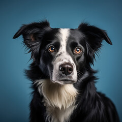 portrait studio d'une t&ecirc;te de chien de race border collie en gros plan, arri&egrave;re plan uni bleu