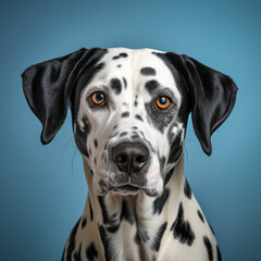 portrait studio d'une tête de chien de race dalmacien en gros plan, arrière plan uni bleu