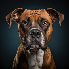 Obraz premium portrait studio d'une tête de chien de race boxer en gros plan, arrière plan uni bleu