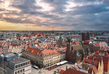 Aerial view of the Old Market square in Wrocław, Poland (Wrocławski Rynek). Panoramic cityscape...