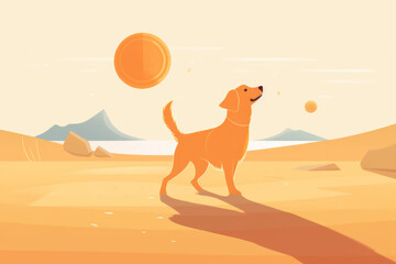 Ilustración de perro paseando por la playa. - obrazy, fototapety, plakaty