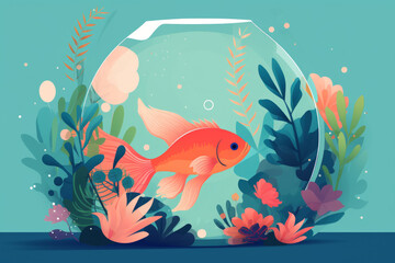Ilustración de pez dorado en una pecera. - obrazy, fototapety, plakaty